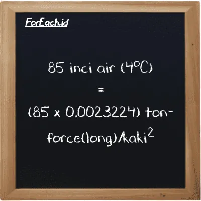 Cara konversi inci air (4<sup>o</sup>C) ke ton-force(long)/kaki<sup>2</sup> (inH2O ke LT f/ft<sup>2</sup>): 85 inci air (4<sup>o</sup>C) (inH2O) setara dengan 85 dikalikan dengan 0.0023224 ton-force(long)/kaki<sup>2</sup> (LT f/ft<sup>2</sup>)
